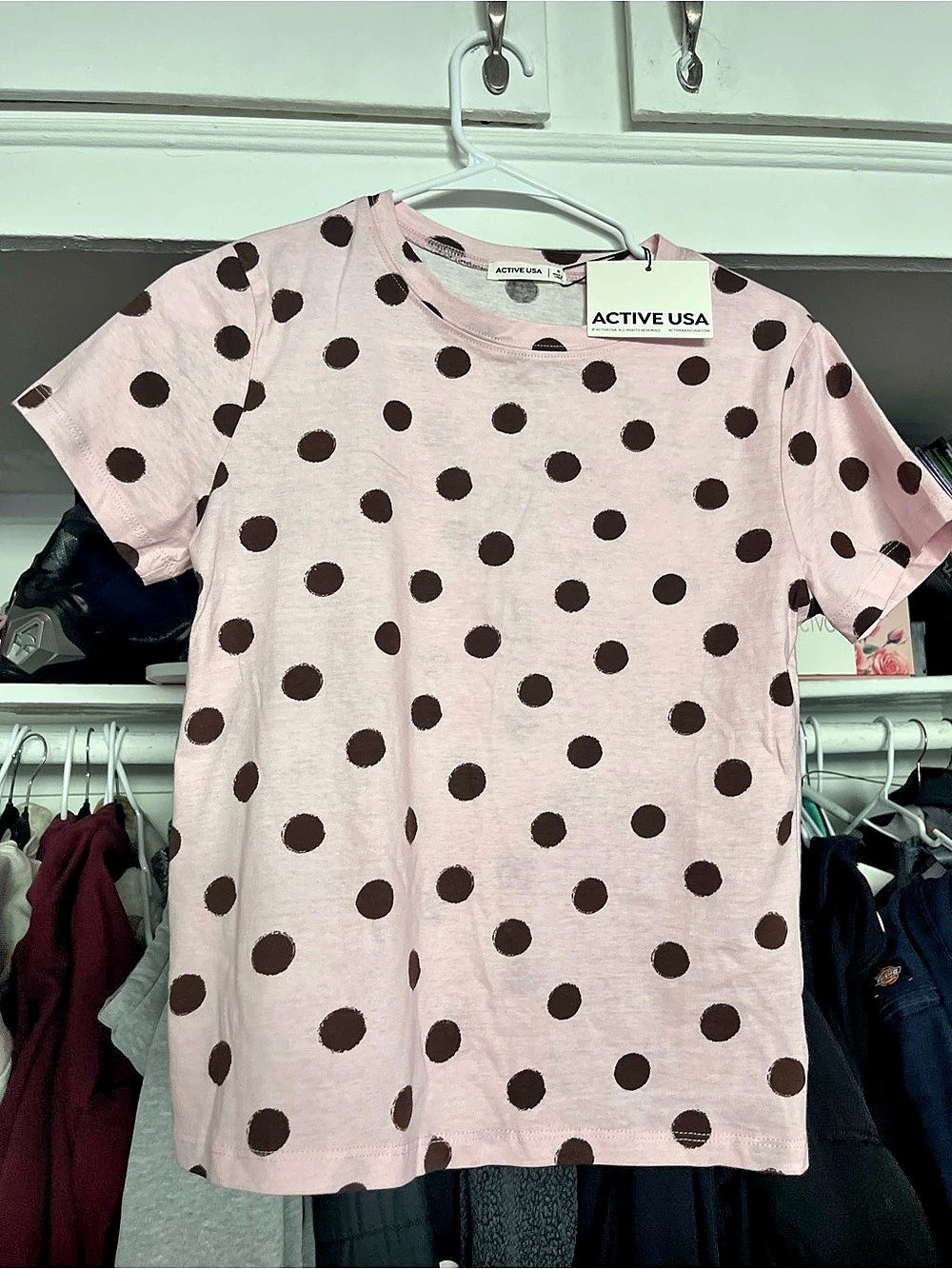 Active USA Polka Dot Short Sleeve Tee in Pink & Brown